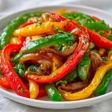 Saut&eacute;ed Peppers and Onions in 20 Minutes Recipe Card