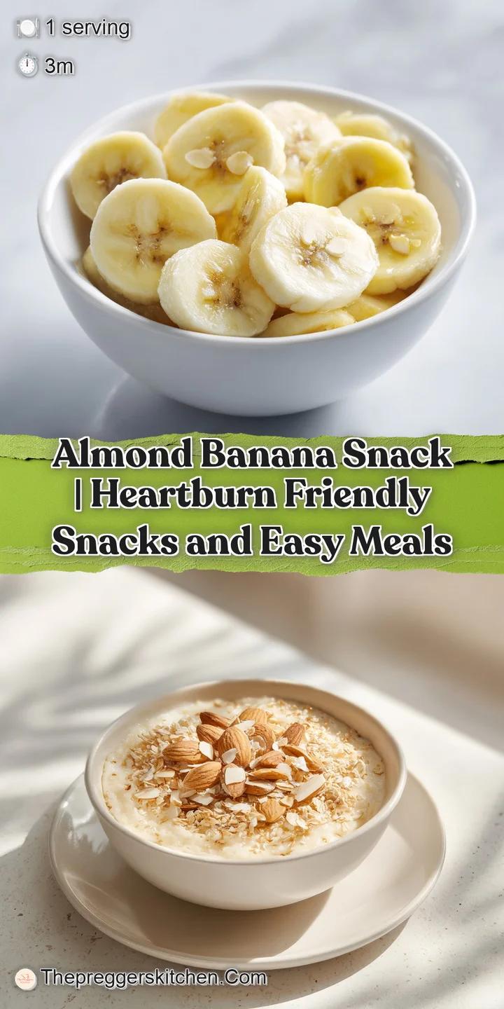 Close-up of a smooth, pale yellow banana blend dotted with visible almond pieces, showcasing a soft, creamy texture.