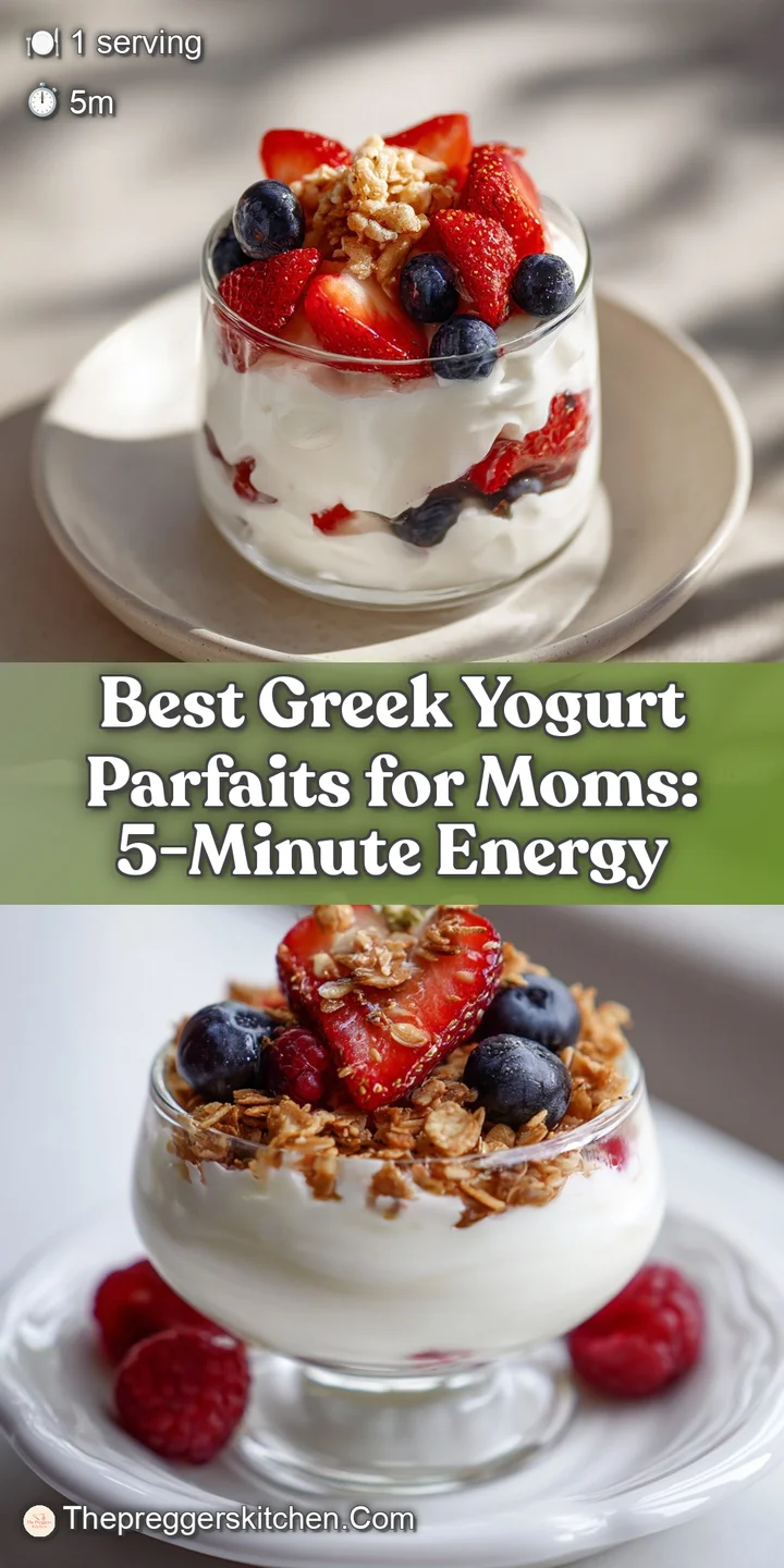Close-up of a Greek yogurt parfait: glistening berries, wholesome granola, and smooth yogurt create tempting layers in a g...