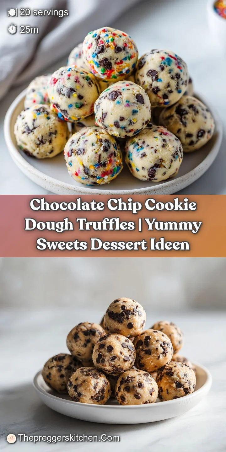 A close-up of a gooey chocolate chip cookie dough truffle, revealing its soft interior and studded chips.