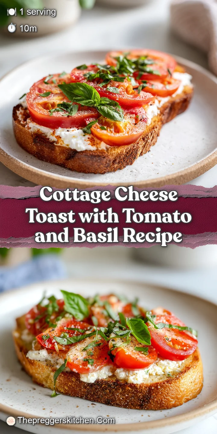 Close-up of delicious cottage cheese toast. See the creamy texture, bright tomato, and fresh basil details. A light, healt...
