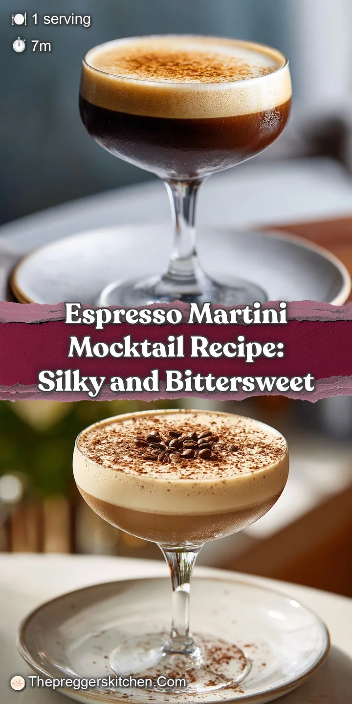 Close-up of an espresso martini mocktail's velvety foam. Rich brown swirls offer an appetizing glimpse. The smooth texture...