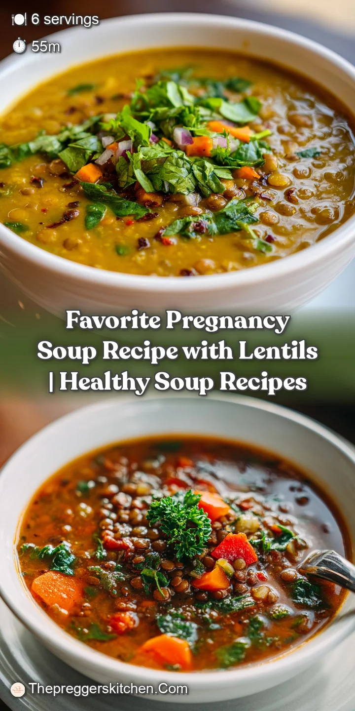 Close-up of thick, earthy lentil soup with visible tender lentils and bright vegetable pieces.