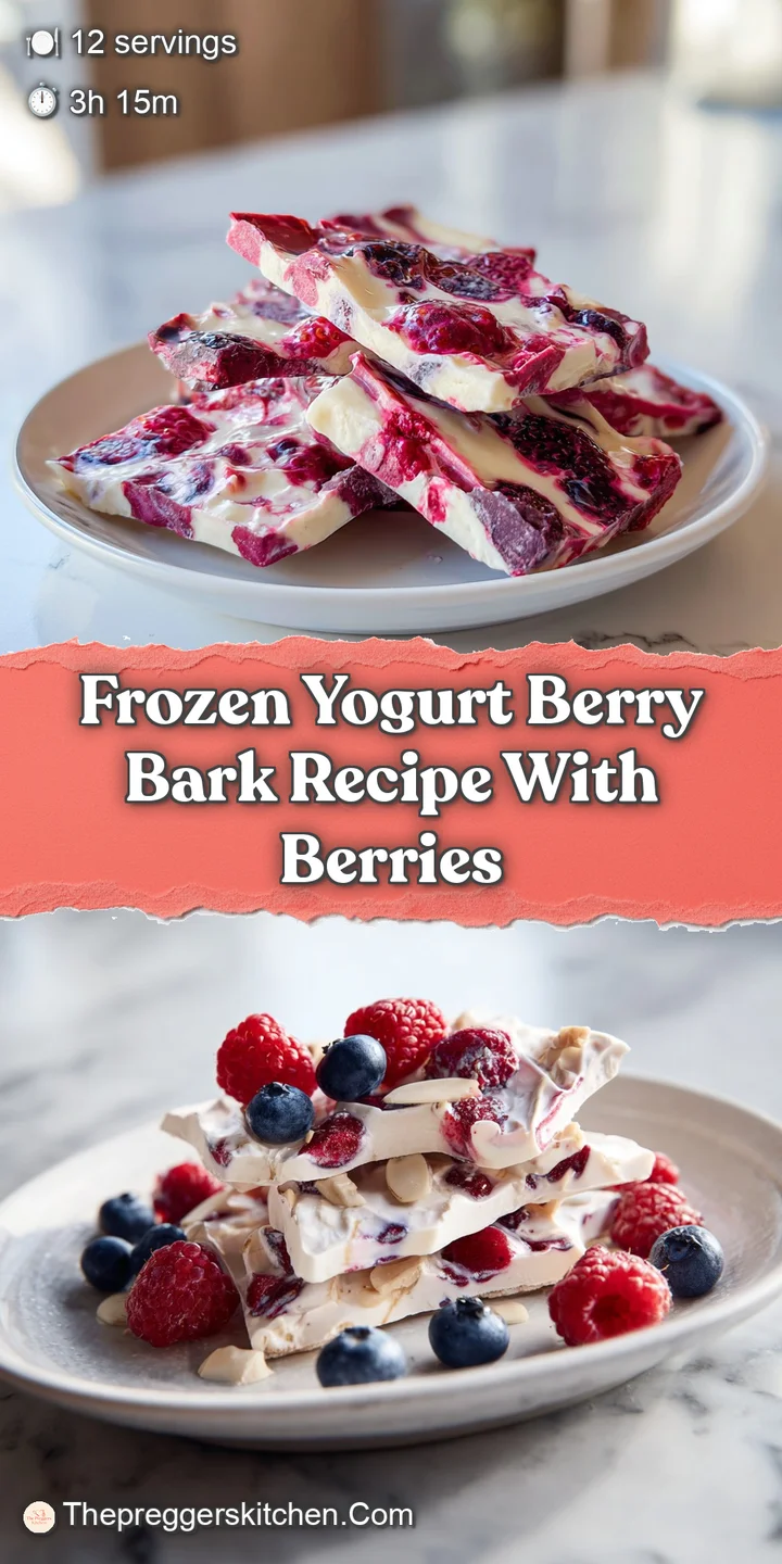 Close-up of frozen yogurt bark, highlighting frosty details and juicy berries, promising a refreshing treat.