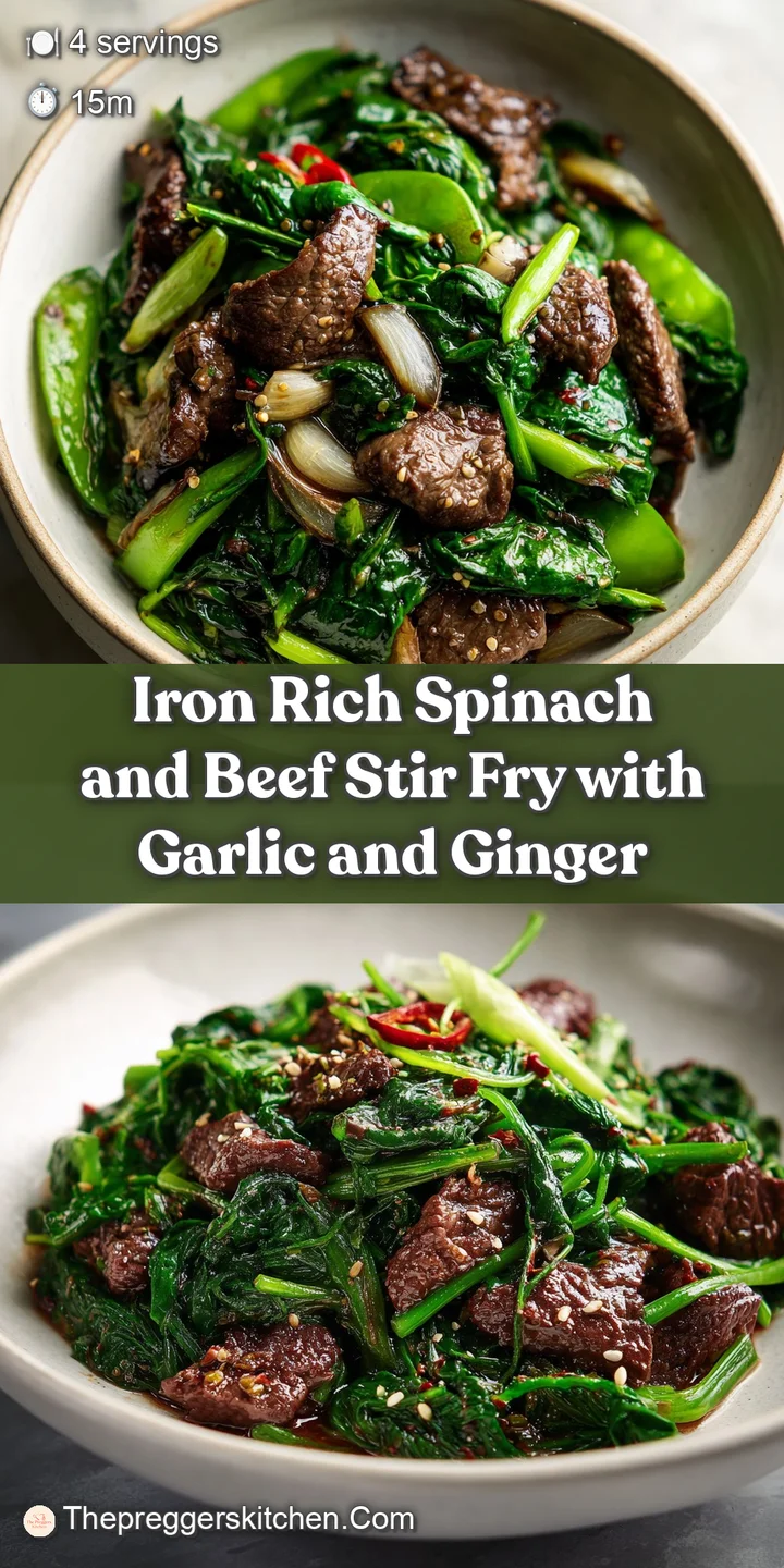 Close-up of glistening beef and wilted spinach with a rich, dark sauce, promising a savory, iron-rich bite.