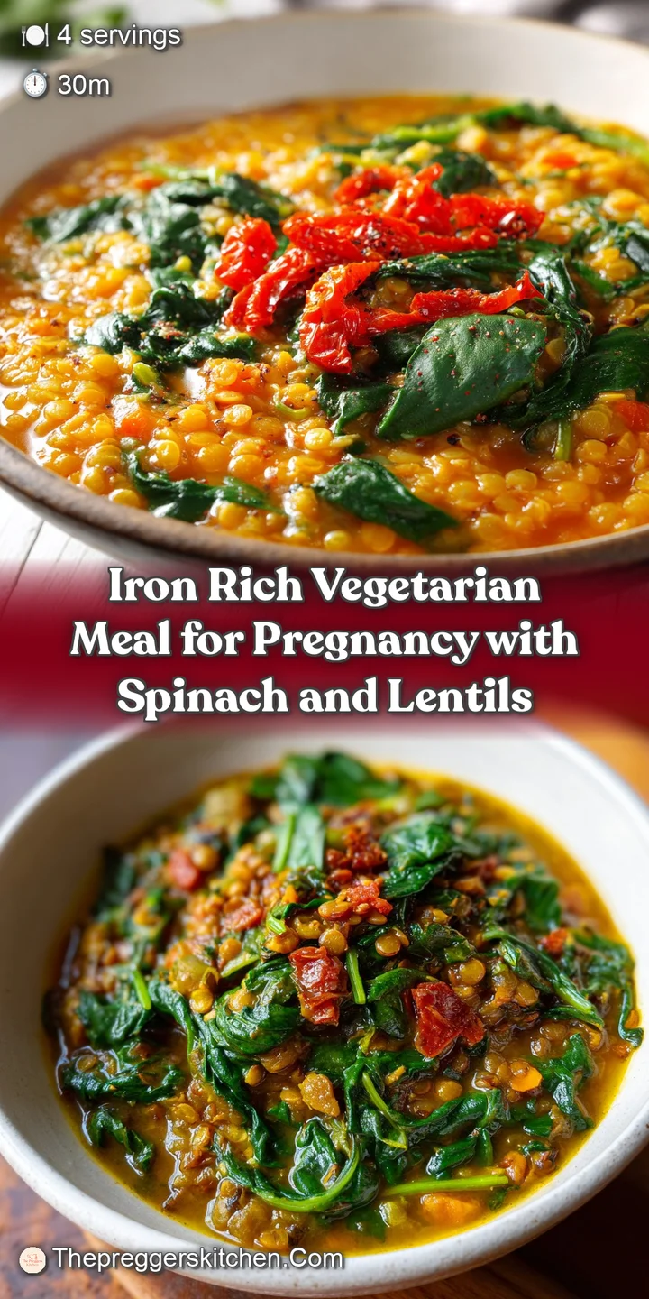 Close-up shot of the iron-rich meal, highlighting the vibrant green spinach and the slightly glistening lentils, inviting ...
