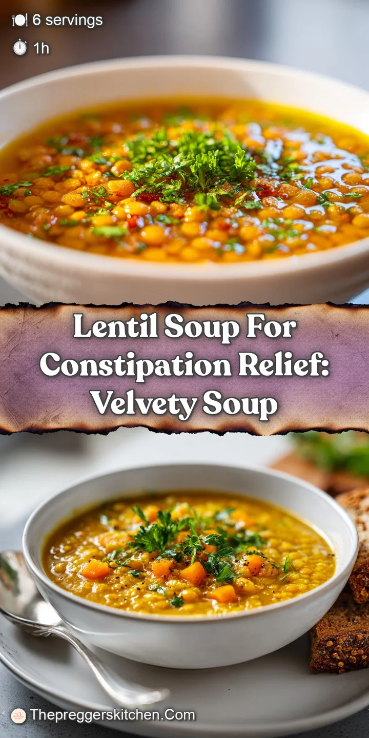 Close-up of hearty lentil soup: tender lentils, diced vegetables, and flecks of herbs create a comforting, wholesome texture.