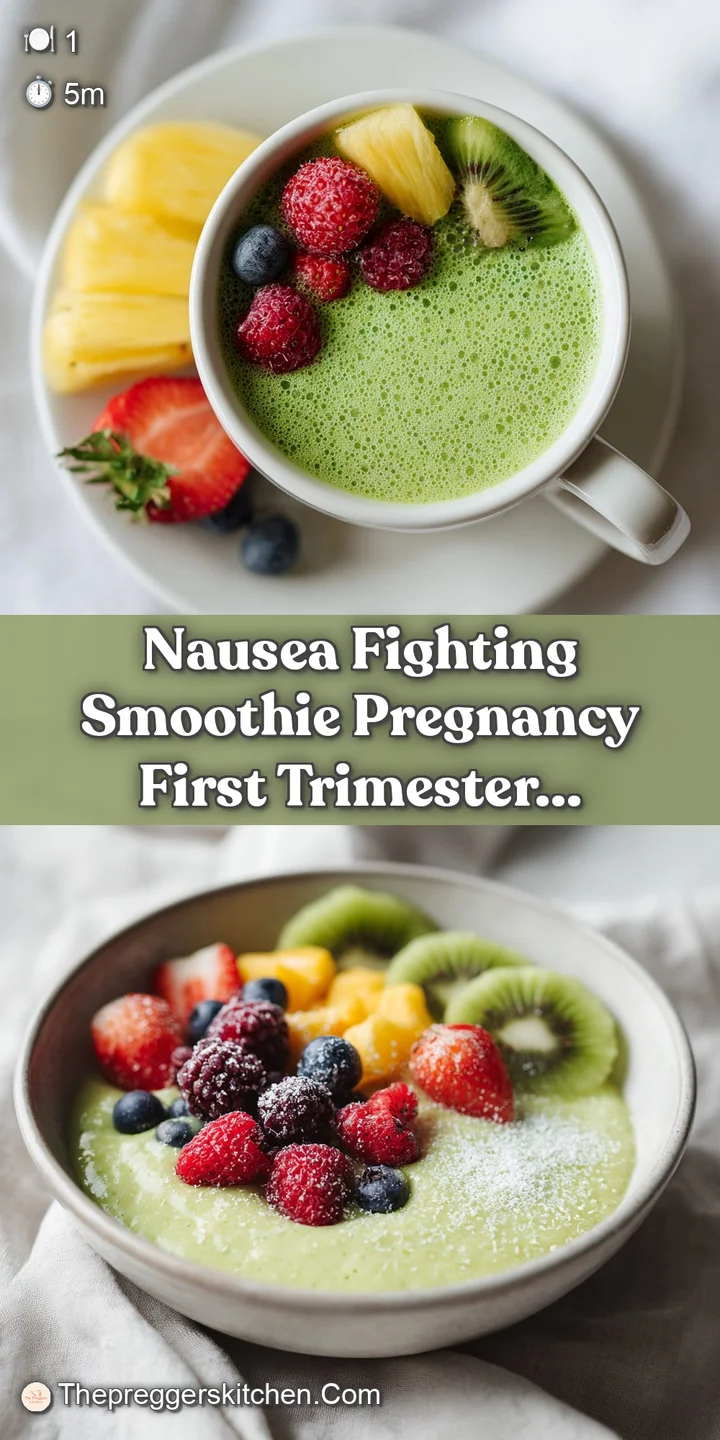 Close-up of a thick, creamy green smoothie showing its smooth texture, with visible specks of fruit and leafy greens blend...