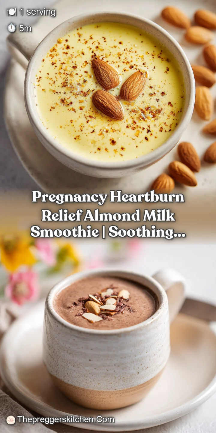 Close-up of a thick, pale almond smoothie in a glass, showing a frosty texture and a dusting of vibrant purple berry puree.