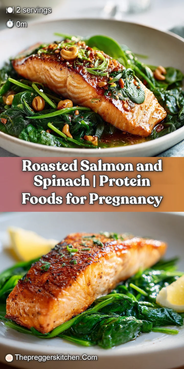 Close-up of flaky, pink salmon with a slightly crisp surface, next to deeply colored, softened spinach.