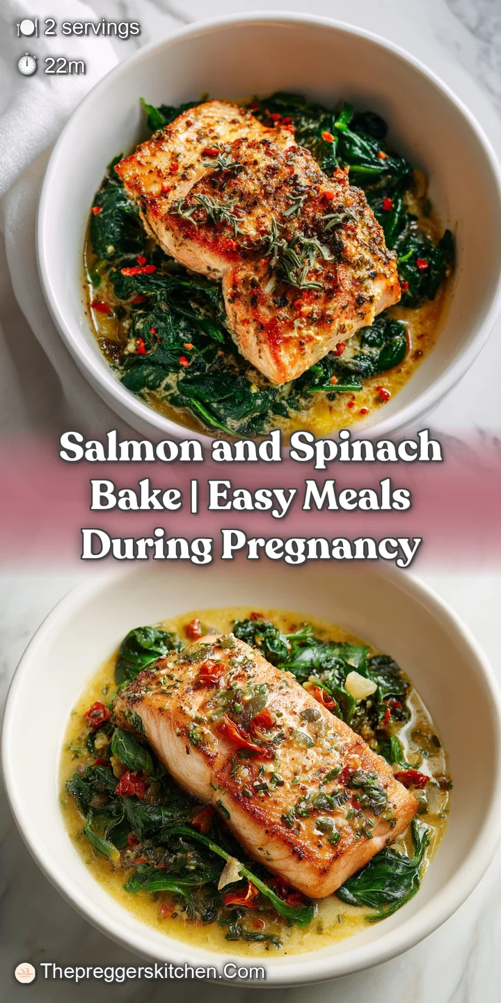 Close-up of tender, flaky salmon nestled in bright green spinach, lightly browned on top and steaming.