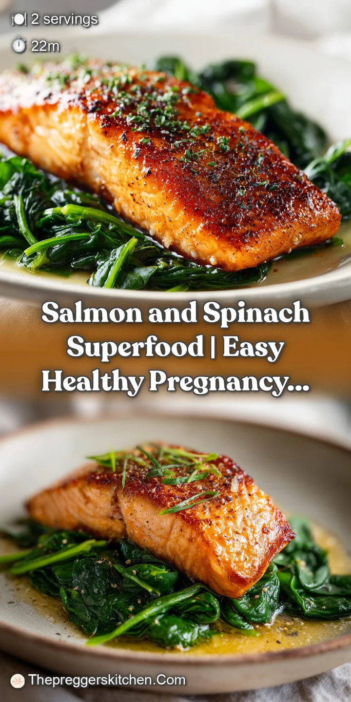 Close-up of a golden-seared salmon fillet with glistening, tender green spinach leaves.