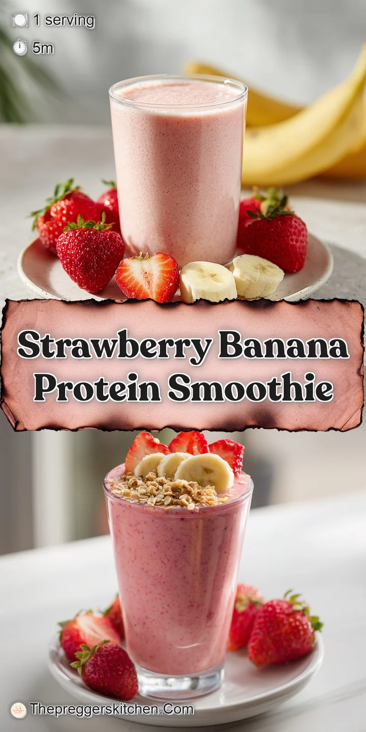Close-up of a thick, frosty strawberry banana smoothie, showcasing the smooth texture and vibrant pink color. Ready to dri...