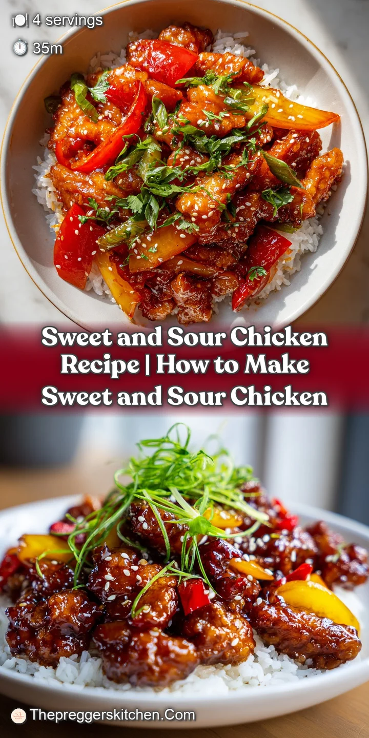 Close-up of golden-fried chicken coated in a shimmering, bright orange sweet and sour glaze, a few red pepper flakes visible.