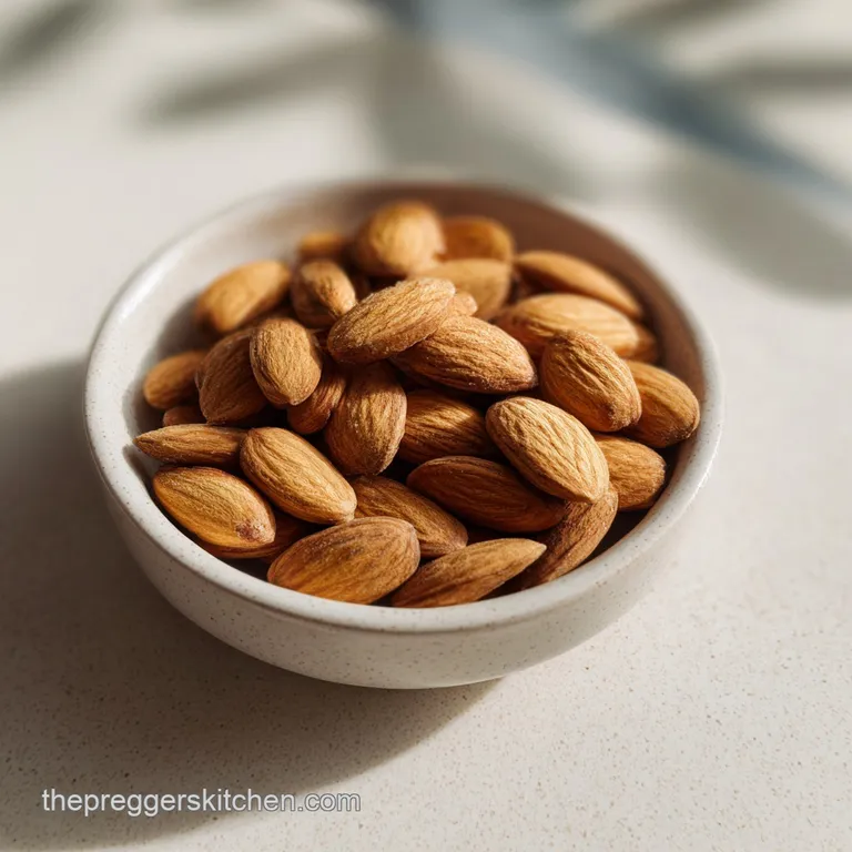 A neat swirl of creamy banana and almond mixture in a small white ramekin, topped with a few slivers of almond.
