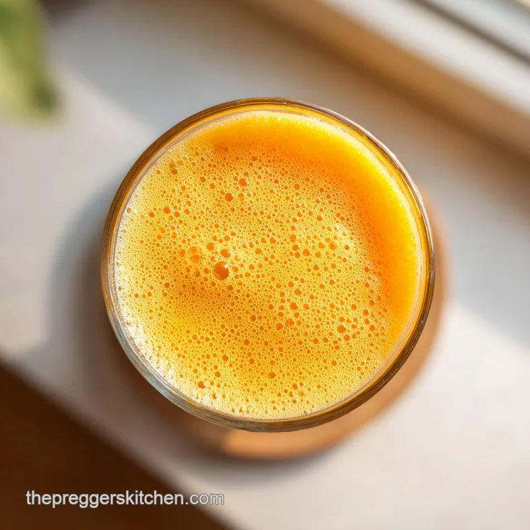 Bright orange liquid in a sleek glass, paired with crisp apple slices and baby carrots on a white marble surface.