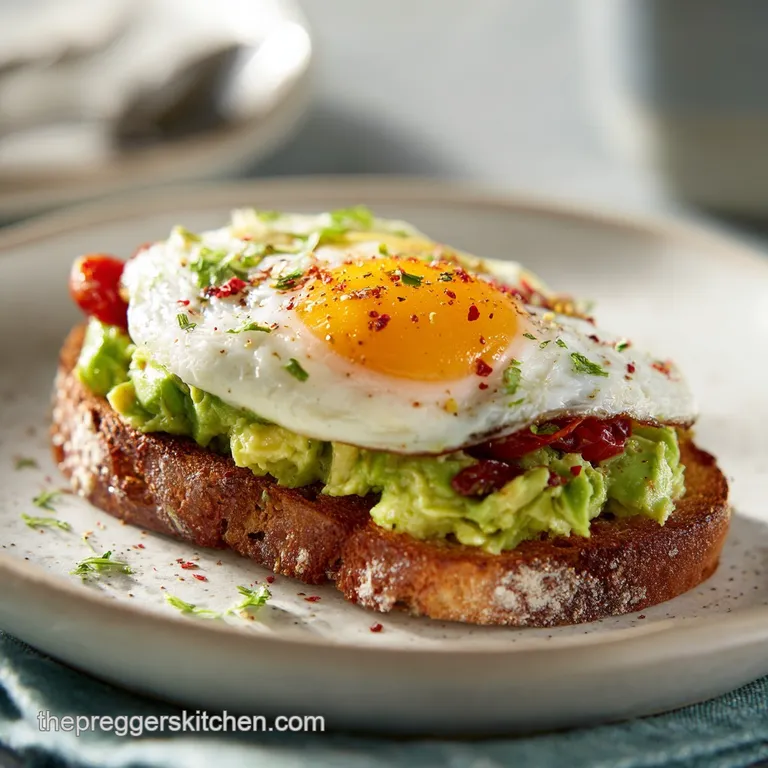Perfectly ripe avocado slices fan across toasted bread alongside soft scrambled eggs. A simple, nutritious plate with visu...