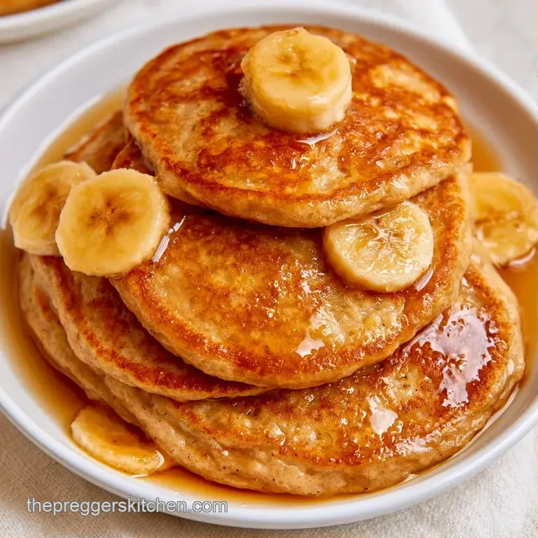 Miniature golden-brown pancakes sliced into finger-sized strips on a pastel plate with sliced ripe bananas.