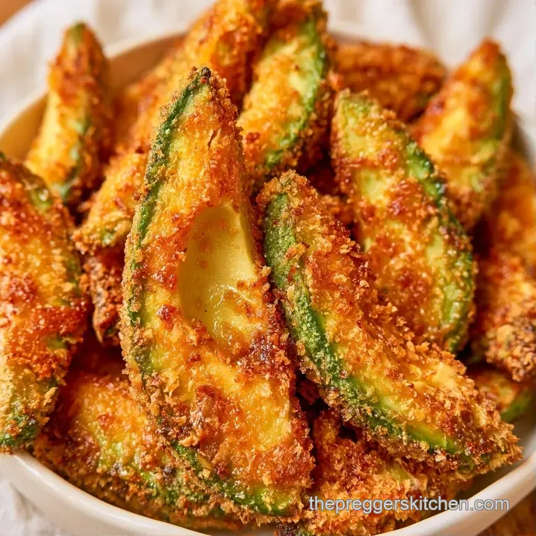 Crispy breaded avocado slices arranged neatly on a white ceramic plate with a small bowl of orange-tinted aioli.