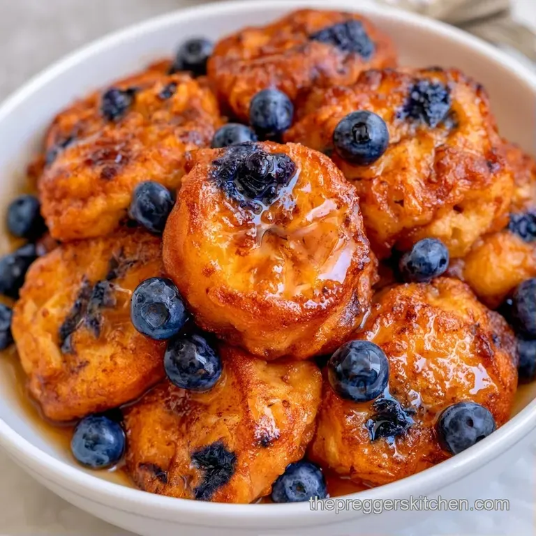 A stack of crisp fried cakes drizzled with amber maple syrup and garnished with plump, fresh blueberries.