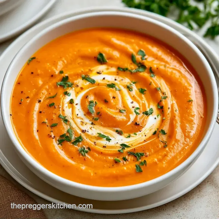 An elegant bowl of vibrant orange soup garnished with toasted pumpkin seeds and a golden drizzle of olive oil.