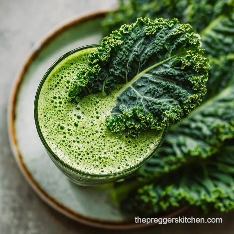 Bright green smoothie poured into a tall glass, garnished with a kale leaf. A healthy and refreshing treat.