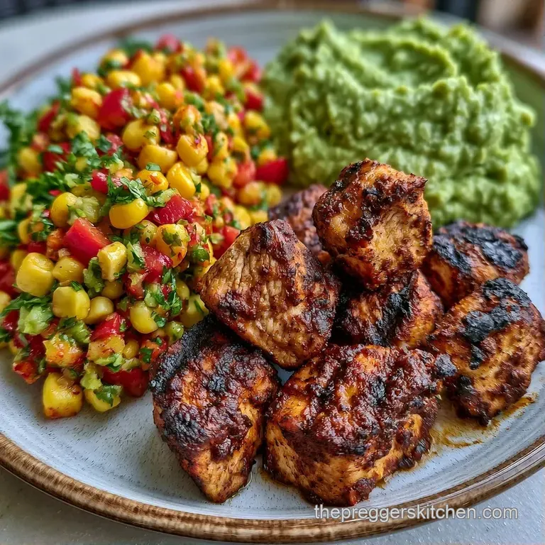A bright ceramic bowl filled with neat piles of gold corn, red salsa, green avocado, and seasoned grilled chicken.