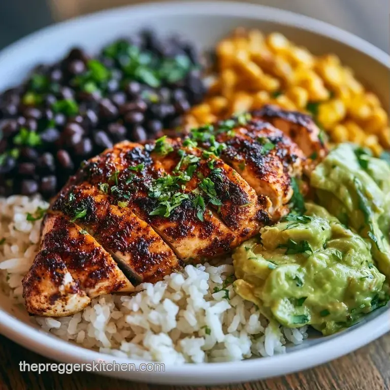 Organized segments of seasoned rice, blackened chicken, and red salsa topped with lime wedges in a wide white bowl.