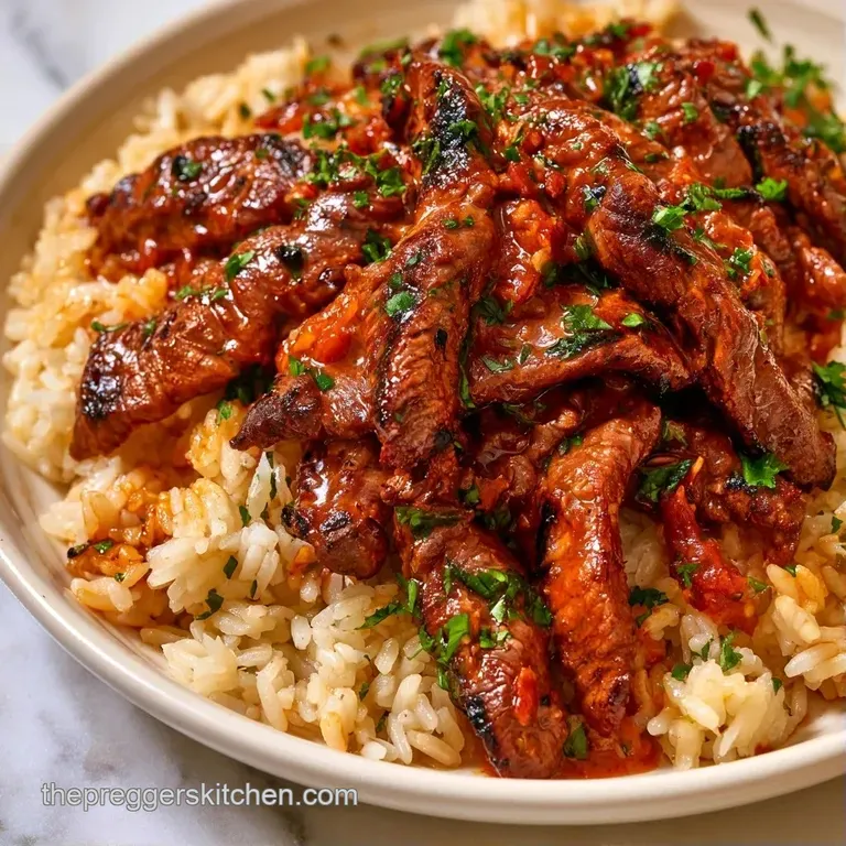 A colorful arrangement of seared beef and fluffy rice topped with golden corn, black beans, and fresh cilantro.