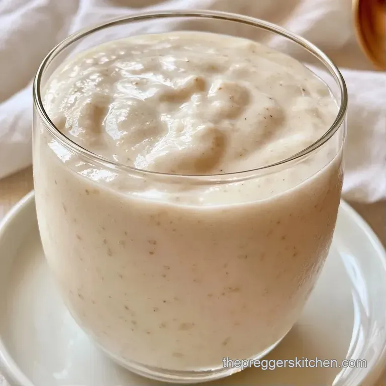 Frosted glass of pale yellow drink beside a halved banana and coconut shreds on a bright white marble surface.