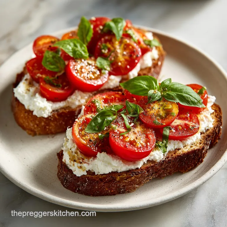 Delicate cottage cheese toast on a white plate. Juicy tomato slices, fresh green basil, and creamy cheese create an inviti...