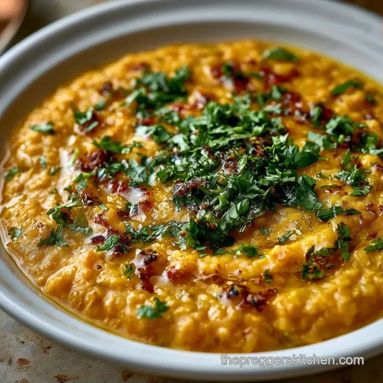 Thick yellow stew in a matte blue bowl topped with a swirl of white cream and a sprig of bright green cilantro.