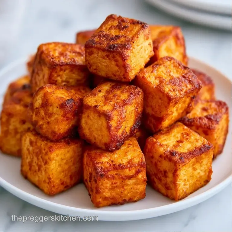Symmetrically arranged golden tofu cubes on a slate board with vibrant microgreens and a drizzle of dark amber sauce.