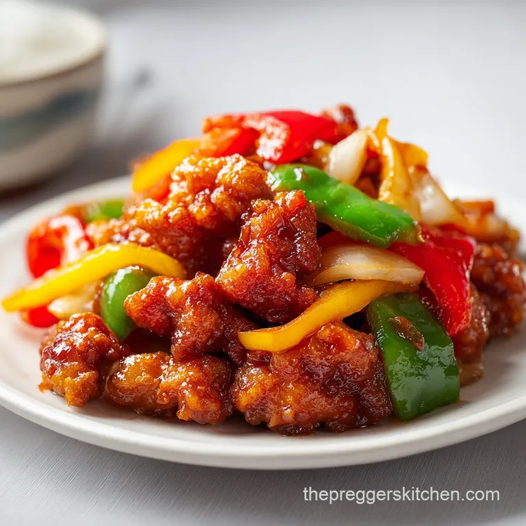 Tender chicken glazed with glossy sauce, artfully arranged with colorful vegetables and a sprinkle of sesame seeds.