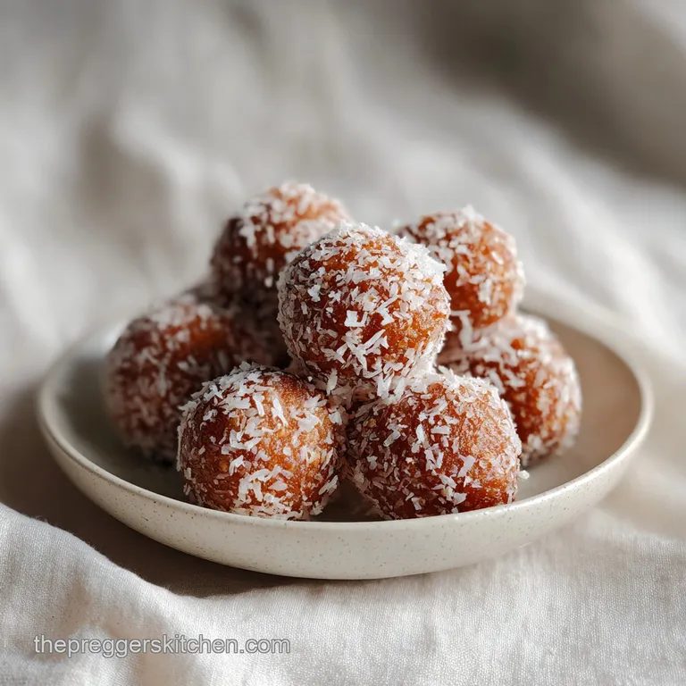 Five date energy balls arranged on a small wooden plate, dusted with cocoa, with a sprig of mint for vibrant color.