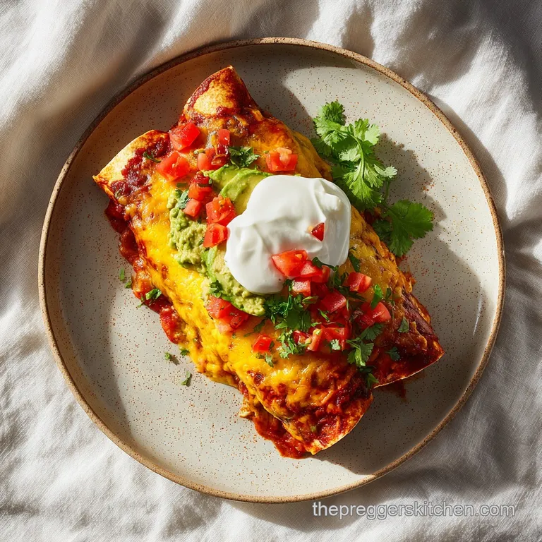 A slice of creamy enchilada bake, topped with a dollop of sour cream and vibrant pico de gallo.