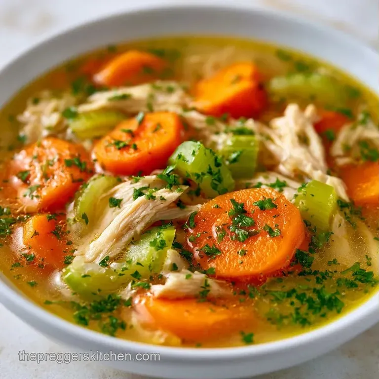 Clear golden broth in a white porcelain bowl topped with fresh green parsley and neatly diced vegetables.