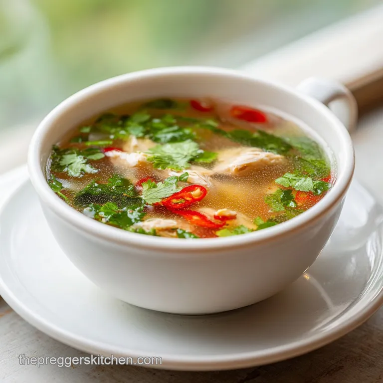 Golden bone broth in a white ceramic bowl, garnished with fresh parsley and a lemon wedge, radiating warmth and comfort.