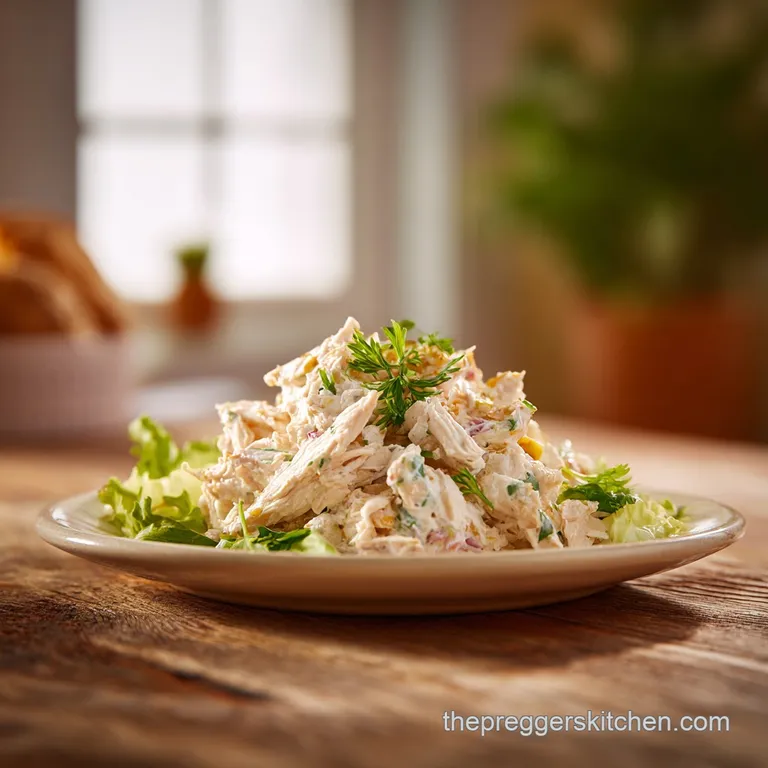 Chicken salad sandwich, cut in half, showing creamy filling, served with crisp greens on a white plate. Simple, fresh, and...