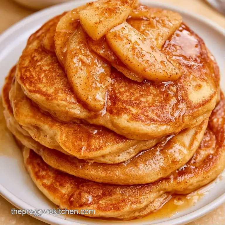 A neat tower of golden-brown cakes on a white ceramic plate, garnished with fresh apple slices and mint leaves.