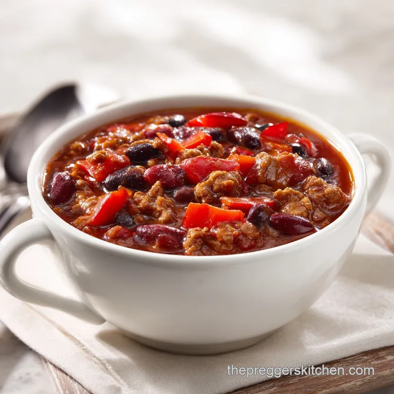A steaming bowl of thick red chili paired with a slice of golden cornbread on a rustic wooden table with a linen napkin.
