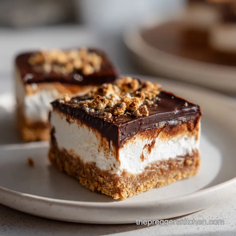 Chilled s'mores bars layered with fluffy white meringue and a drizzle of dark chocolate sauce.