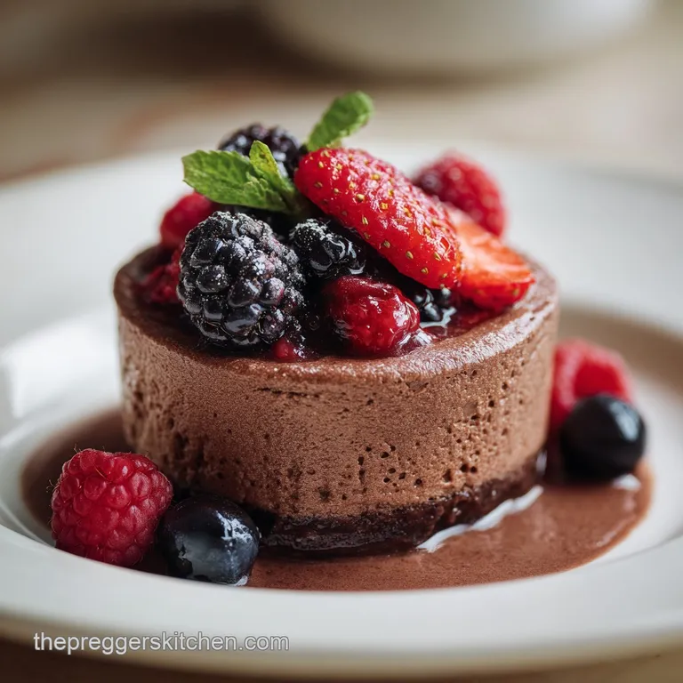 Glossy melted dark chocolate cascades over vibrant red berries, creating a tempting dessert with a rustic, elegant present...