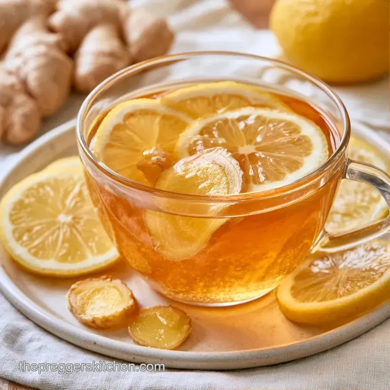 A clear glass cup of golden tea beside a honey dipper and fresh ginger root on a minimalist white marble surface.