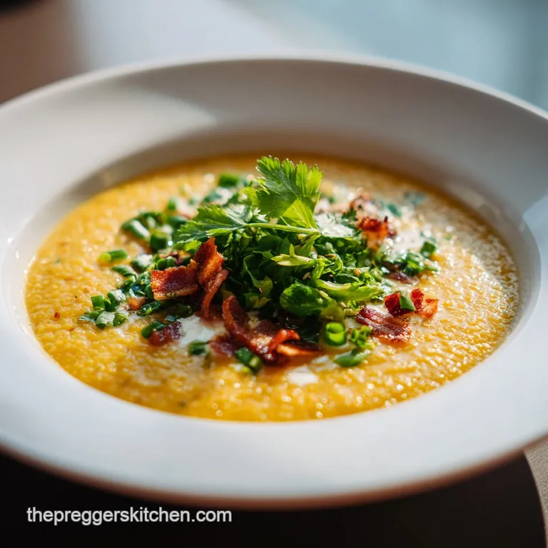 A creamy golden soup in a white bowl, topped with a swirl of coconut cream and fresh cilantro