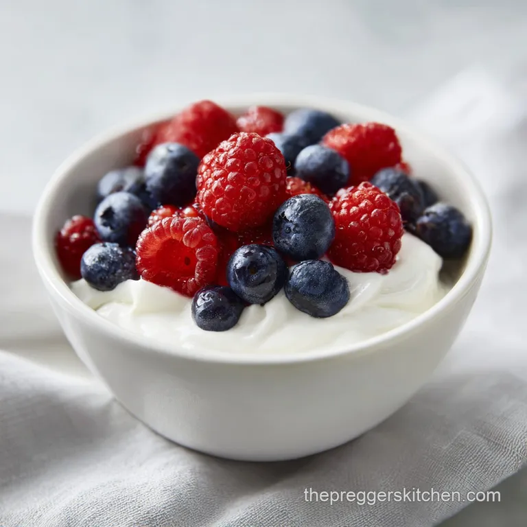 A swirl of smooth yogurt in a rustic bowl, artfully scattered with plump blueberries and crimson raspberries.