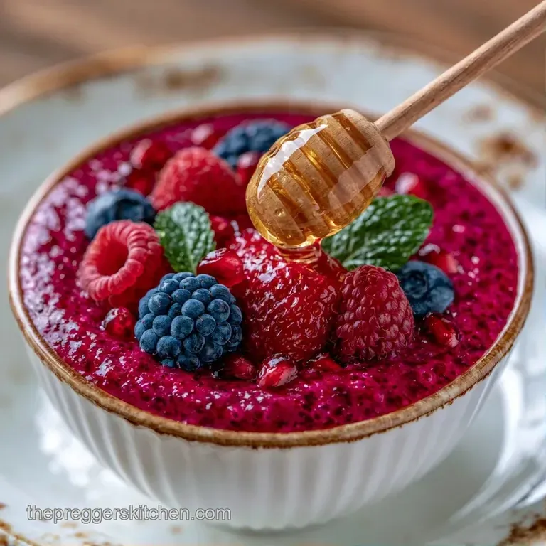 Vibrant purple smoothie in a glass on a white marble surface, surrounded by scattered fresh raspberries and blueberries.