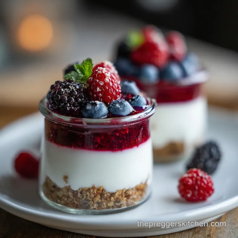 Elegant parfait: Swirls of thick Greek yogurt, bright red strawberries, blueberries & golden granola in a tall glass. A qu...