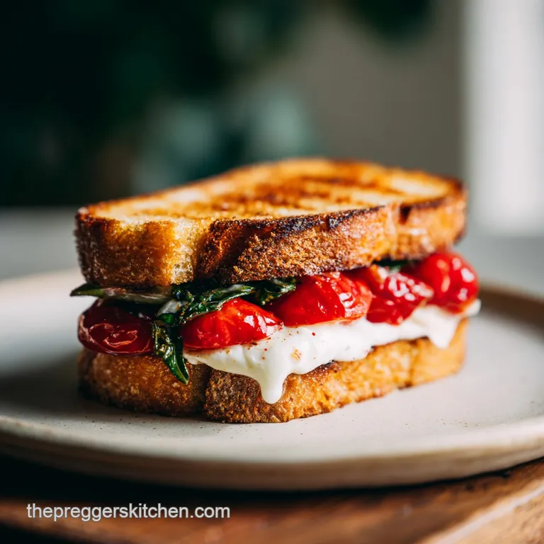 Golden grilled sourdough sandwich artfully sliced, revealing layers of melted cheese and fresh, colorful toppings.