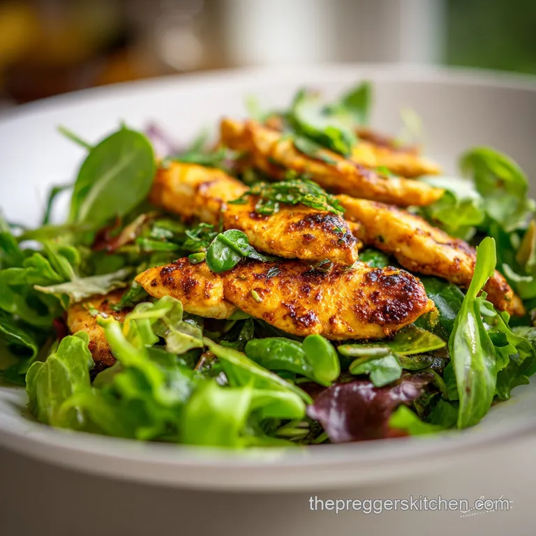Slices of seared chicken arranged atop vibrant baby greens and juicy halved tomatoes on a white ceramic platter.